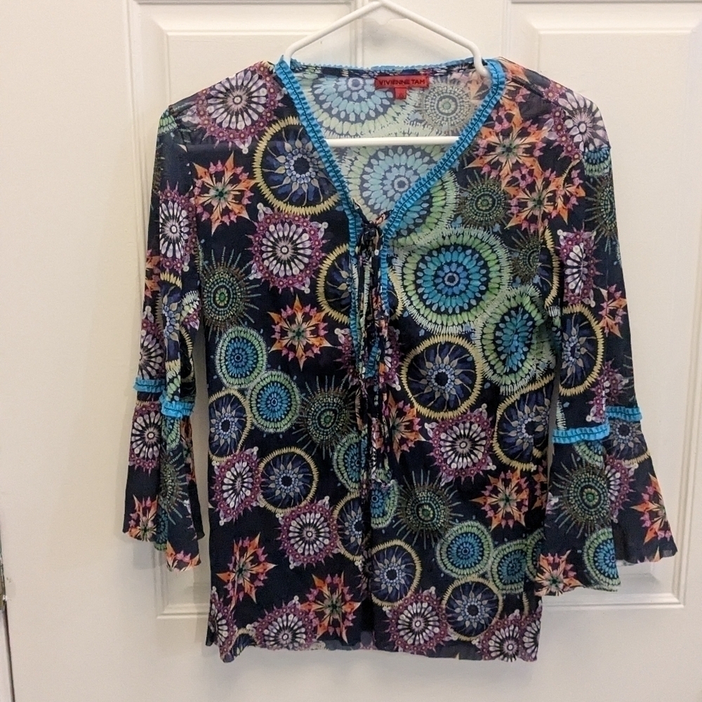 Vivienne Tam Mesh Y2K Bell Sleeve Top